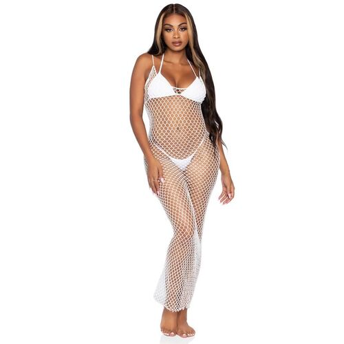 LEG AVENUE - MAXI VESTIDO DE RED TRENZADA CON ESPALDA DESCUBIERTA BLANCO