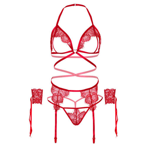 LEG AVENUE SET CUATRO PIEZAS SUJETADOR, LIGUERO, TANGA Y PUOS TALLA UNICA - ROJO